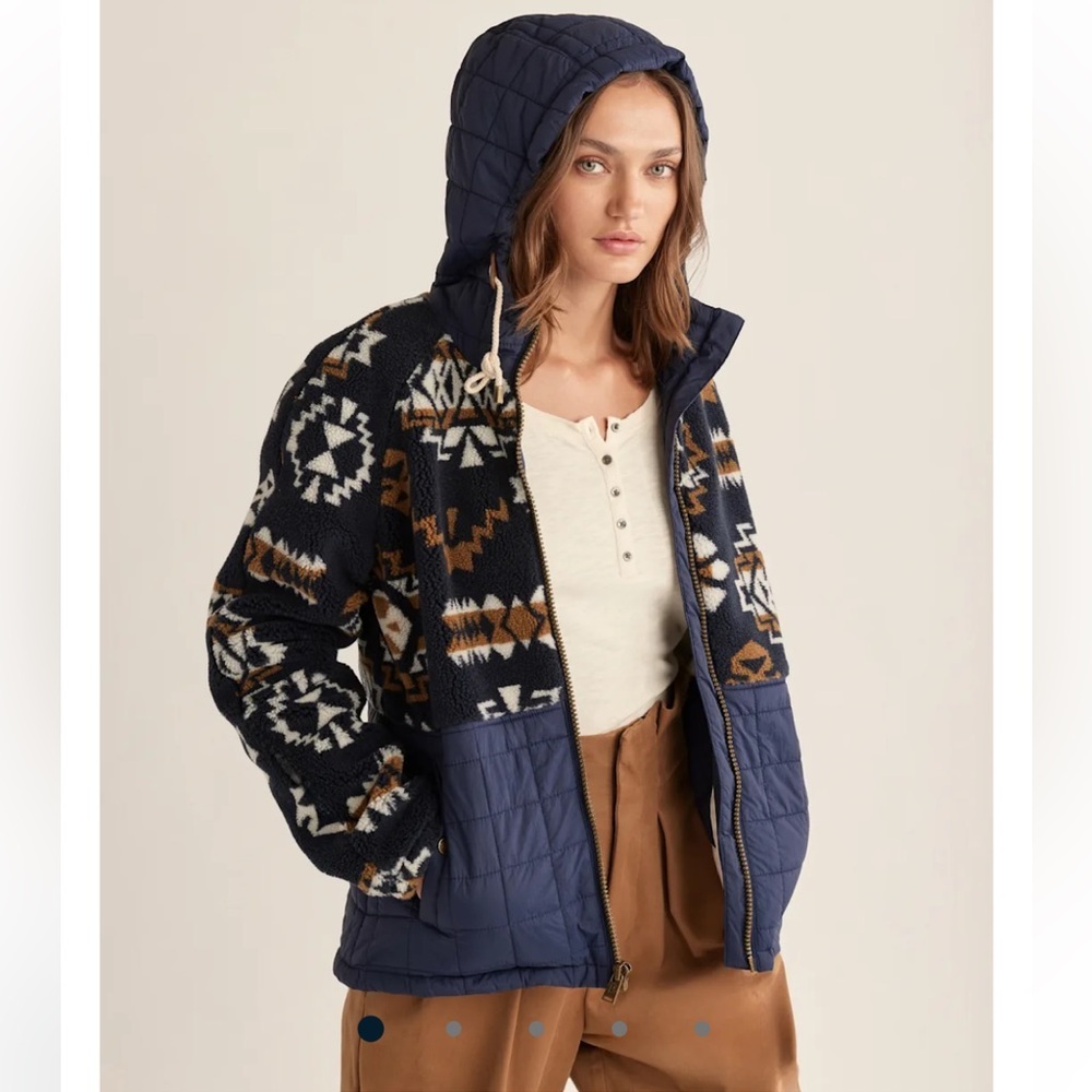 PENDLETON QUILTED TANSY FLEECE HOODED WESTERN PRINT JACKET SIZE LARGE NAVY TAN - Picture 3 of 12